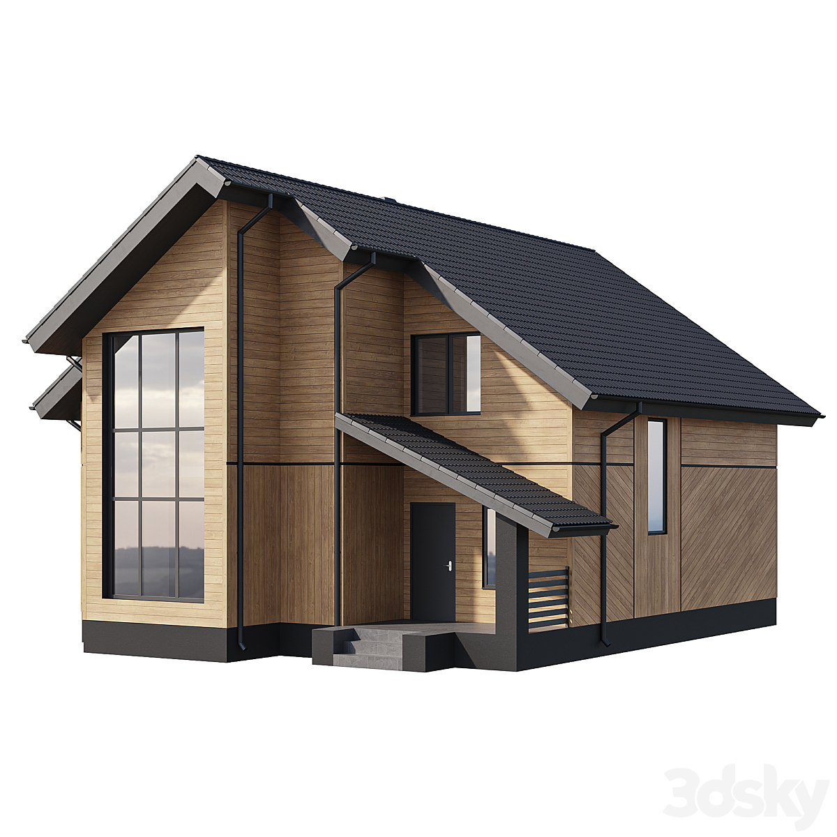 Two-storey wooden house with a complex pitched roof
