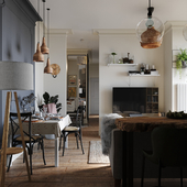 Визуализация кухни-гостиной и прихожей в скандинавском стиле