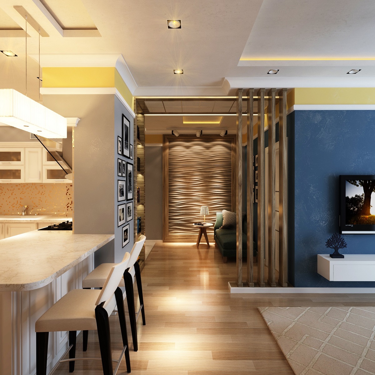 3d реалистичный дизайн интерьера гостиной с прихожей